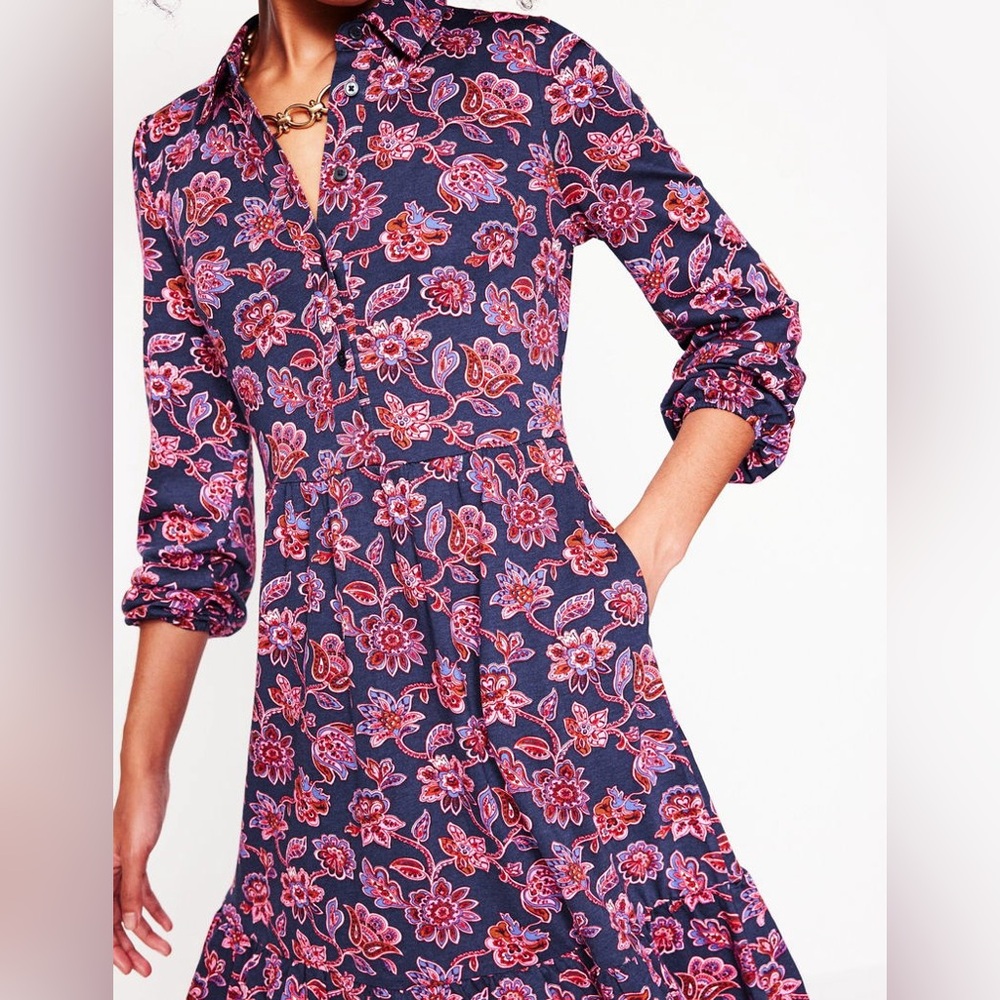 Boden Jemima Tiered Jersey Dress Rich Navy, Pink Ornate Pattern size 12 Regular - Picture 2 of 15